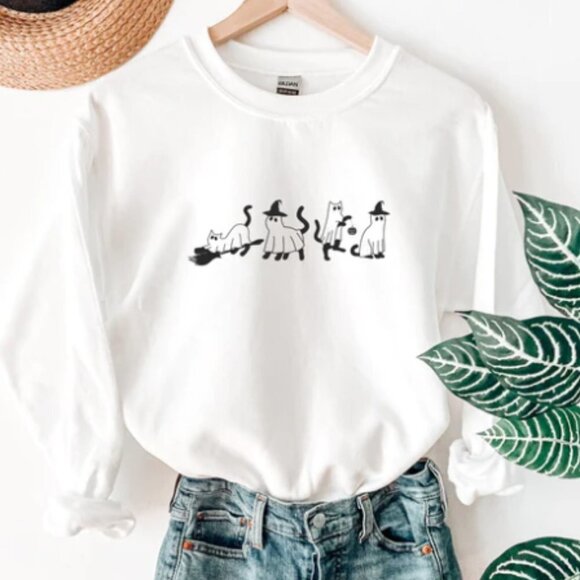 Halloween Ghost Witch Cats NEW white crewneck sweatshirt - Picture 1 of 1